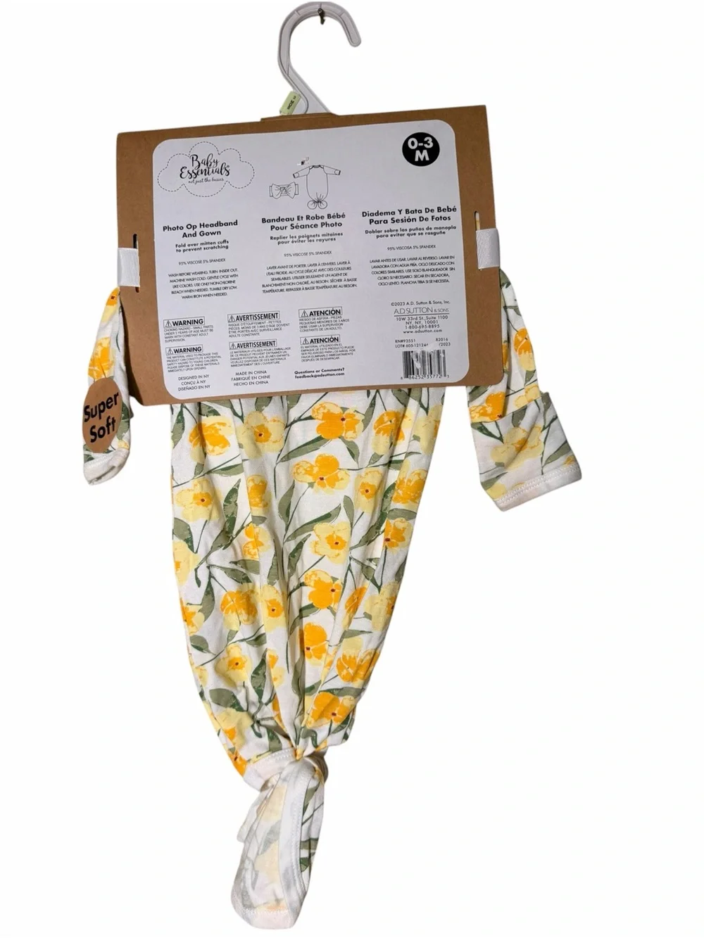 Baby Essentials Yellow Floral Knot Gown Swaddle Wrap with Matching Headband